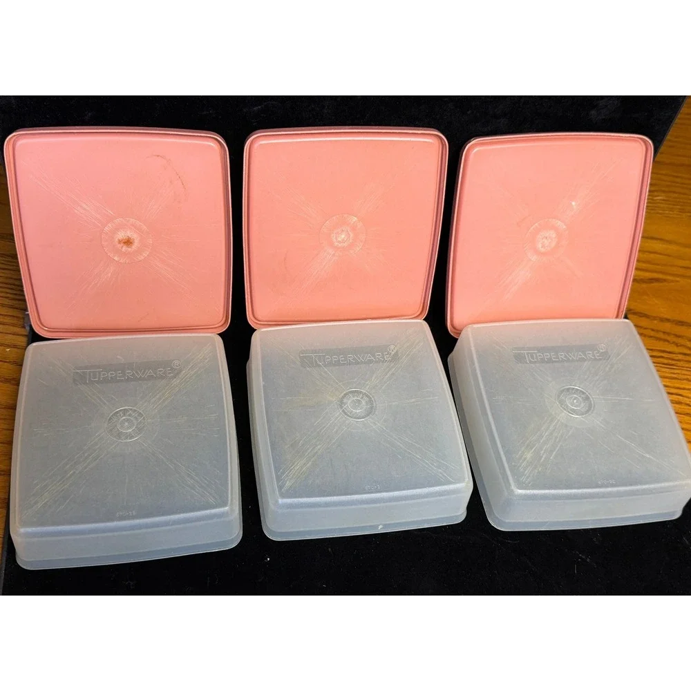 Vintage Tupperware Sandwich Keeper: Set 3 Pink Lids, Square Food Storage 670-31